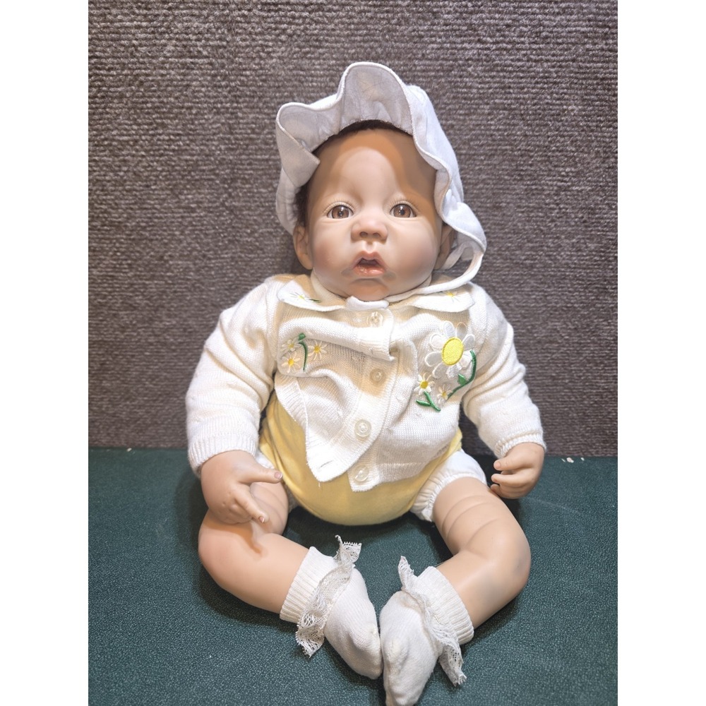 Realistic Lifelike Baby Doll Brown Eyes Curly Hair Daisy Knit Sweater Bonnet
